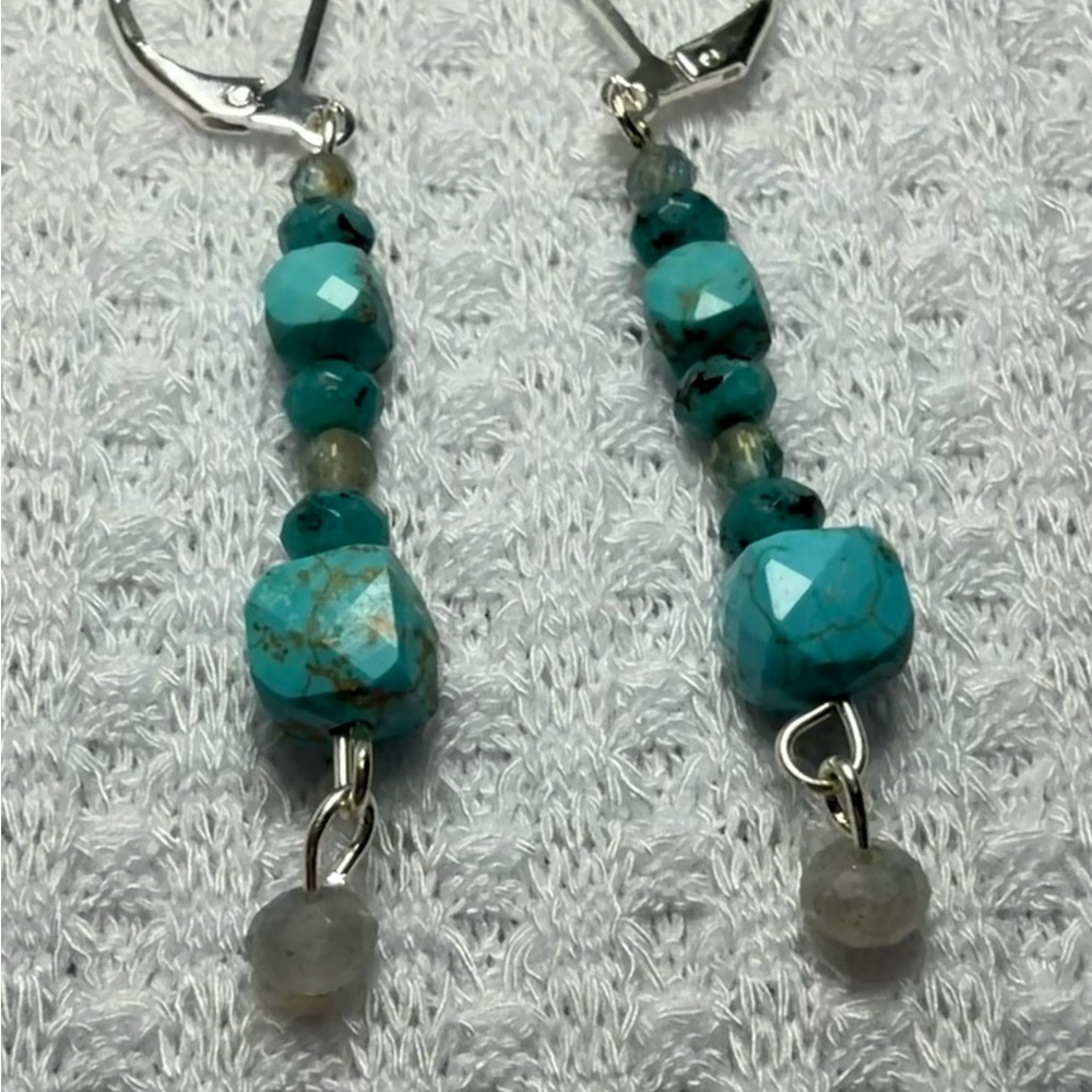 Blue Dot Jasper, Labradorite Dangle & Faceted Turquoise Earrings